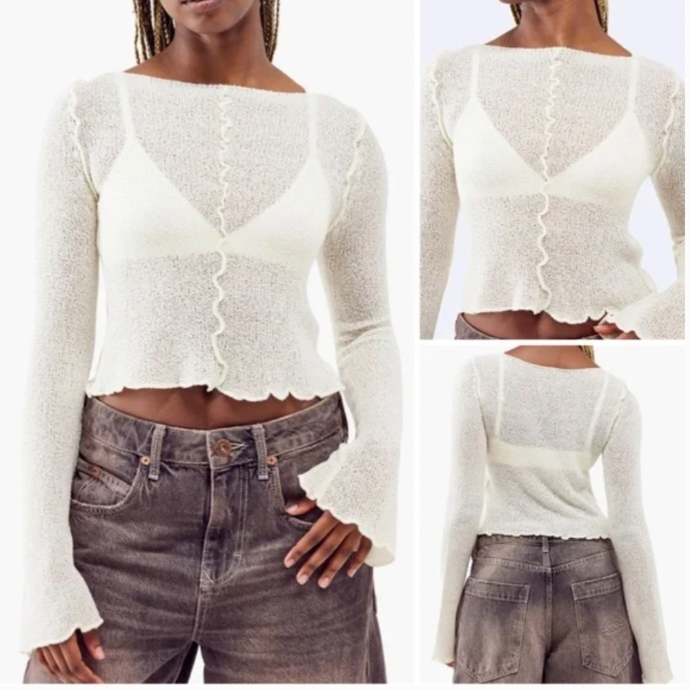 Urban Outfitters BDG Sheer Boatneck Lettuce Trim Bell Sleeve Sweater Small